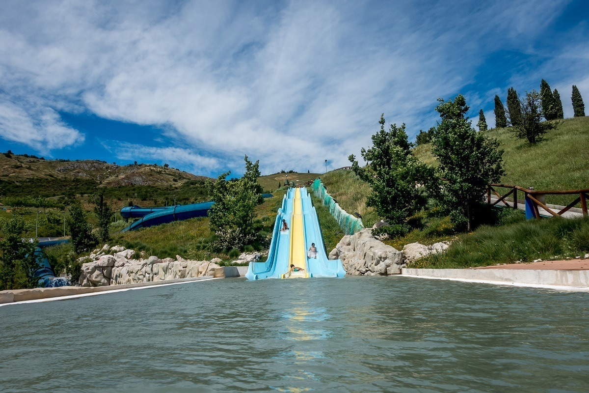 The slides at at the top of the hill at Villaggio della Salute Piu, a beautiful spa and water park near Bologna, Italy