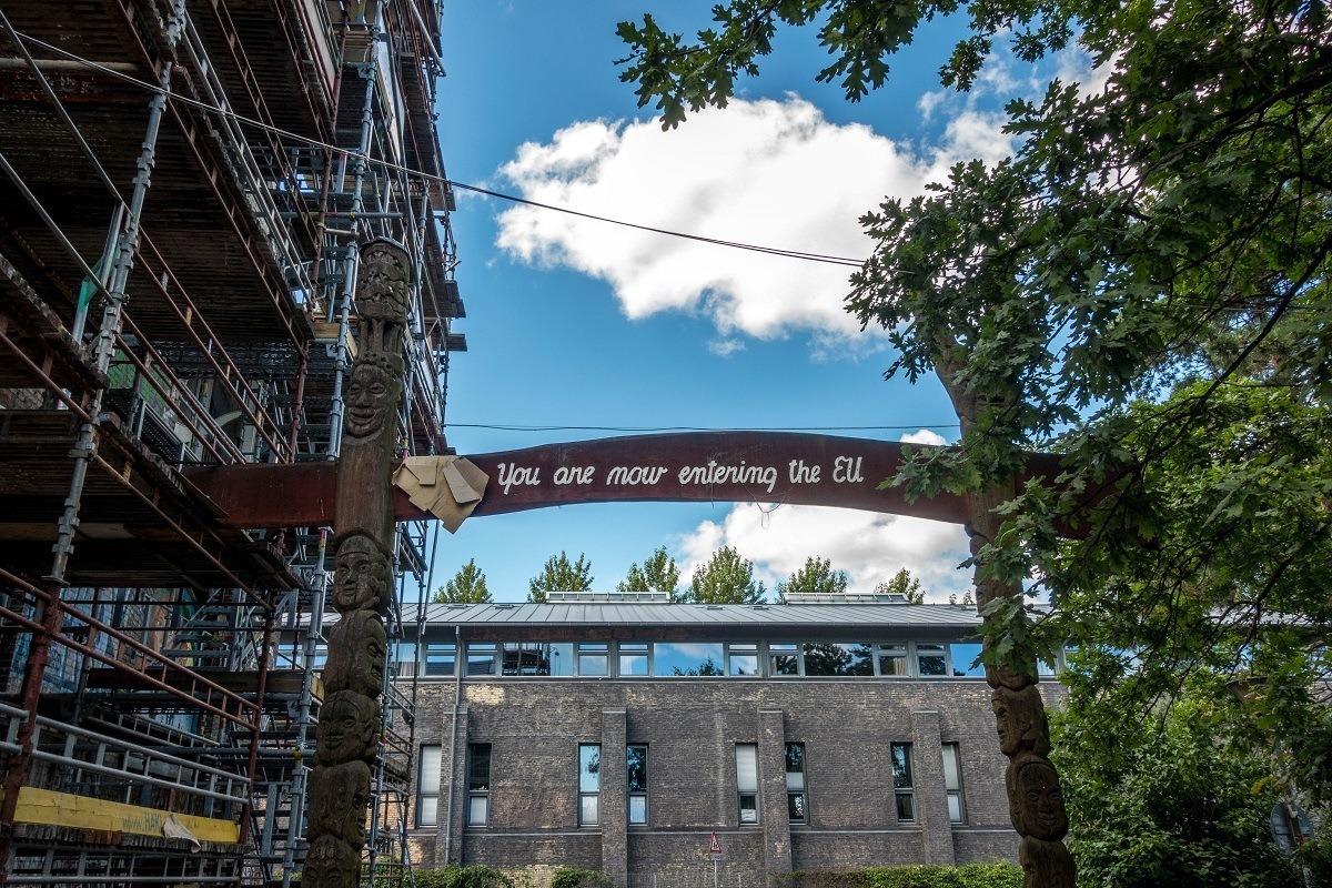 The exit sign for Christiania Denmark: "you are now entering the EU"