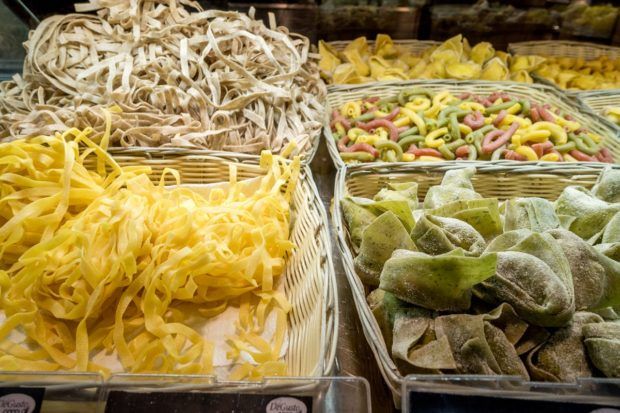 Fresh pasta options abound at Mercato di Mezzo in Bologna, Italy
