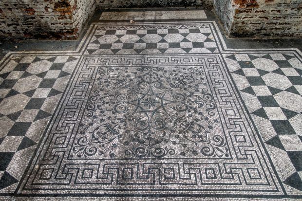 A mosaic still in tact in Hadrian's Villa in Tivoli, Italy