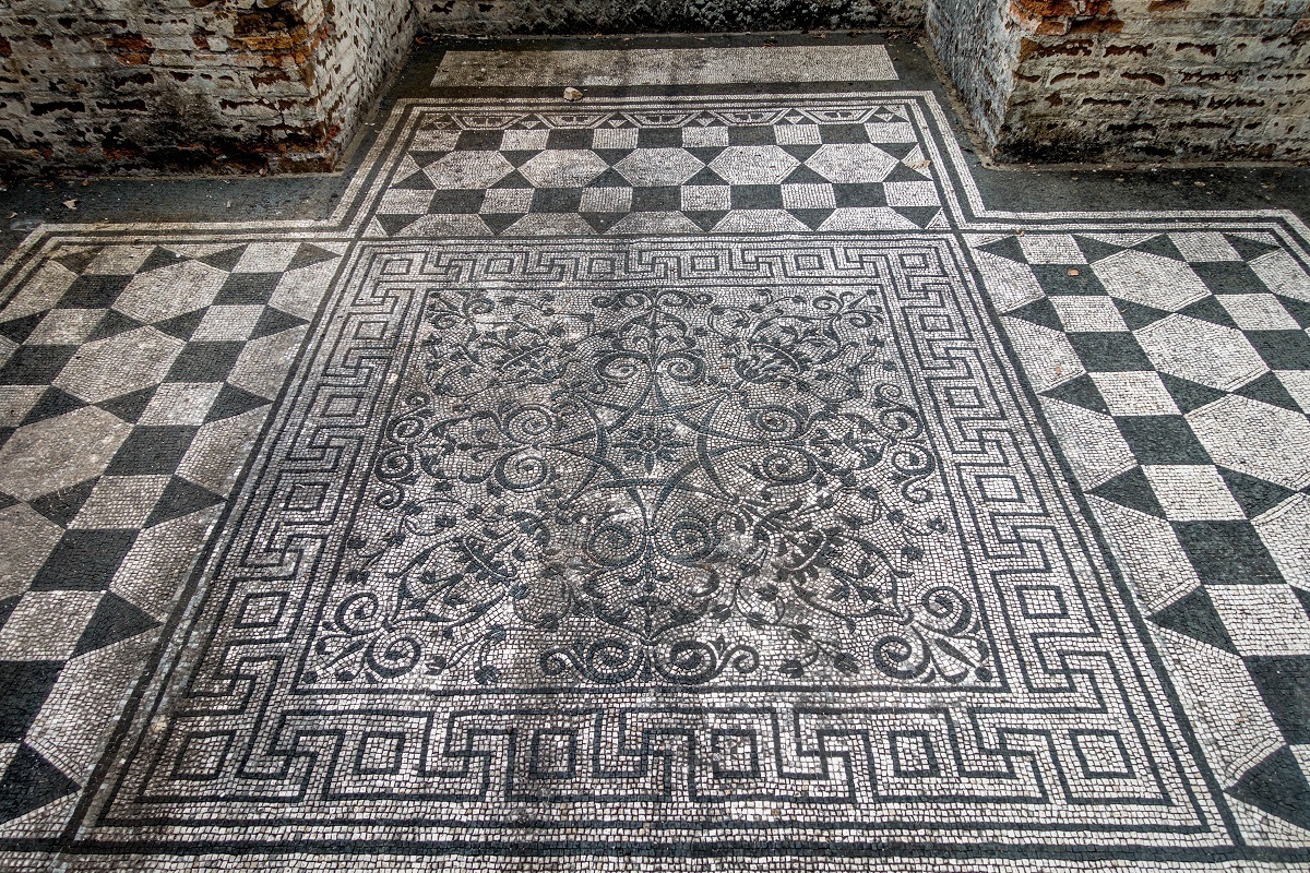 A mosaic still in tact in Hadrian's Villa in Tivoli, Italy