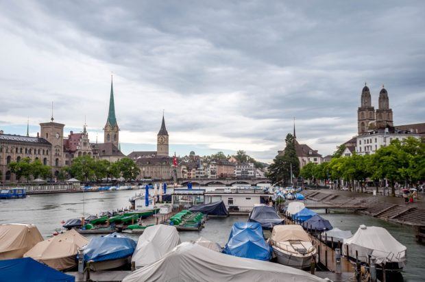 The view of Zurich old town from the Quaibrucke.