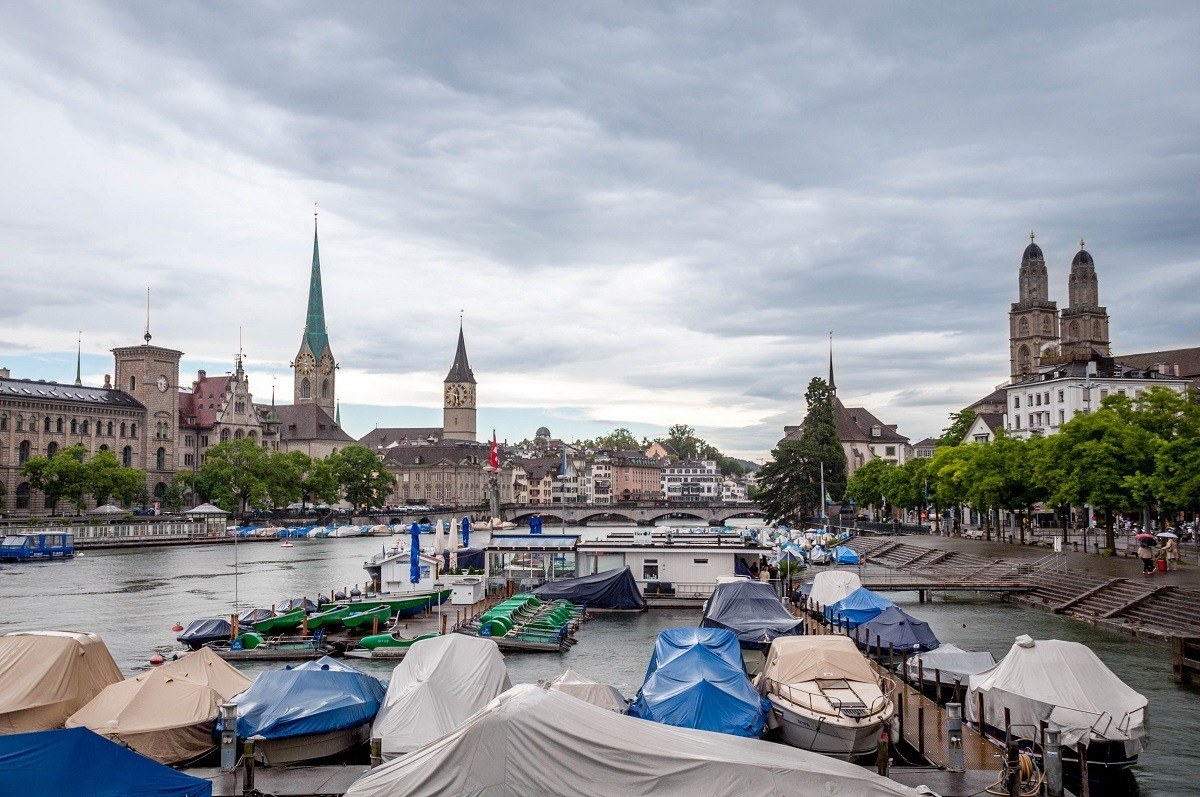 The view of Zurich old town from the Quaibrucke.