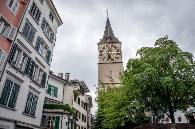 The small courtyard around St. Peter's Church in Zurich, Switzerland.