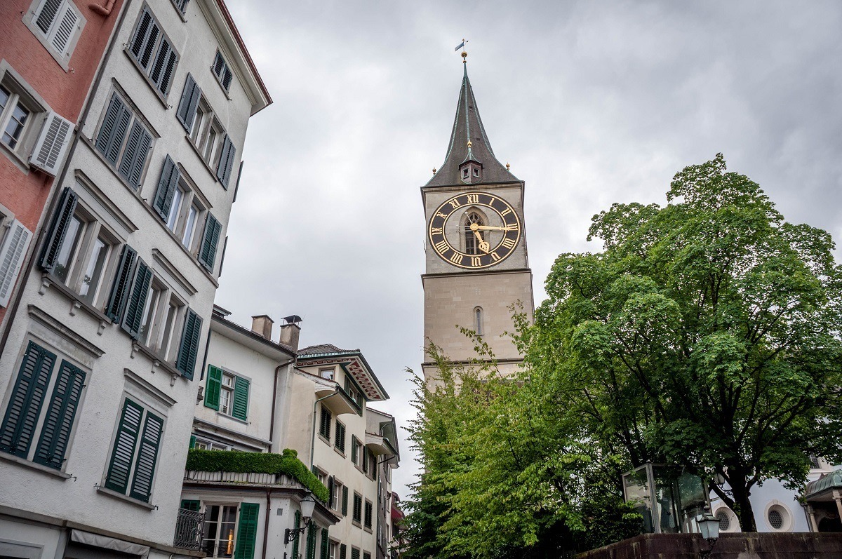 The small courtyard around St. Peter's Church in Zurich, Switzerland.