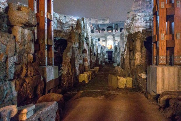 Tunnels and passageways in the underground part of the Colosseum in Rome, Italy
