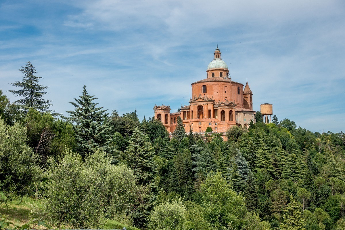 Orange church in a hill, the Basilica San Luca