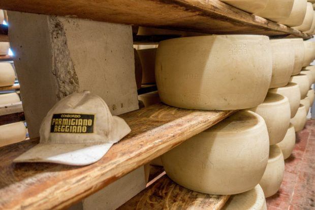 Aging Parmigiano-Reggiano at a dairy in Parma, Italy
