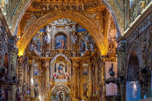 The interior of the Church of San Francisco in Quito, Ecuador