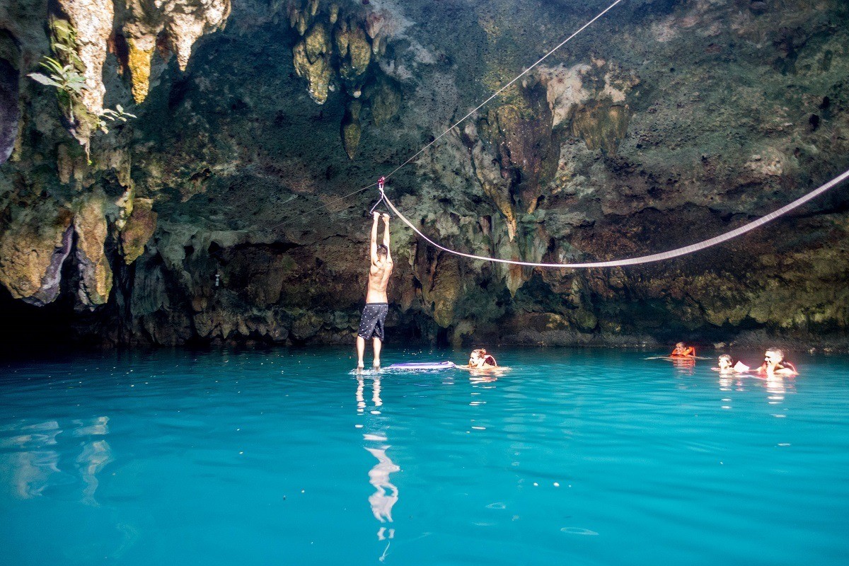 A zip line in the closed Cenote la Noria.