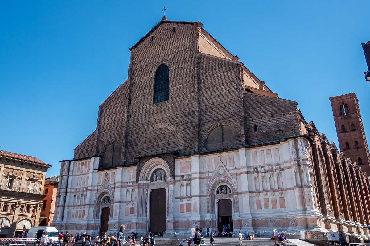Pink and brown church, the Basilica of San Petronio in Bologna
