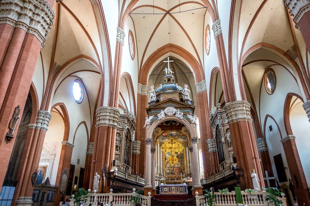 Interior of Basilica of San Petronio with altar and vaulted ceiling