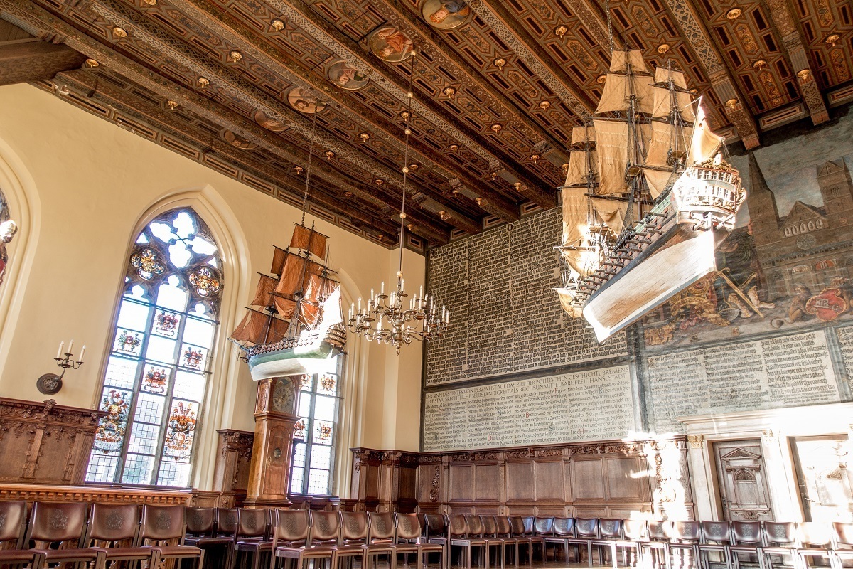 The Upper Hall in Bremen Town Hall is decorated with items paying homage to the city's history in the Hanseatic League