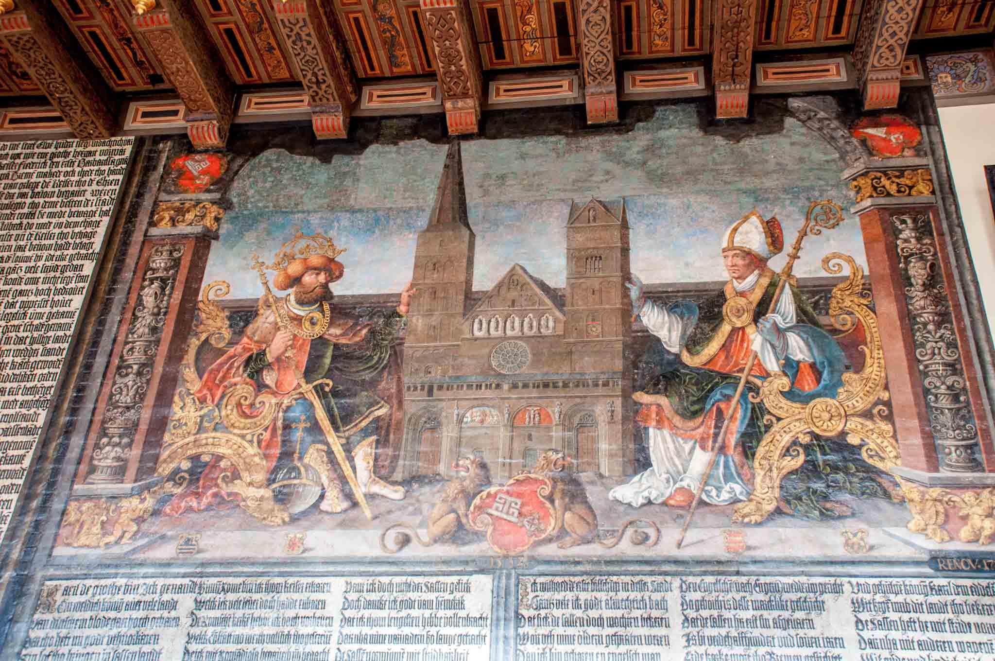 Painting in the Bremen Town Hall that shows Charlemagne giving the first church to Bremen, Germany