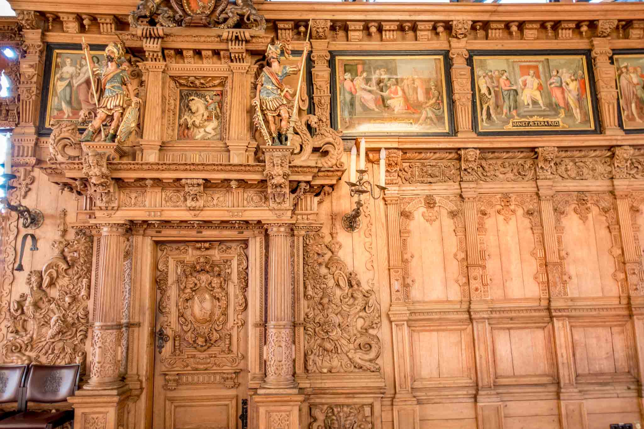 An intricately-carved wall separates the Golden Chamber from the Upper Hall in the Town Hall of Bremen, Germany