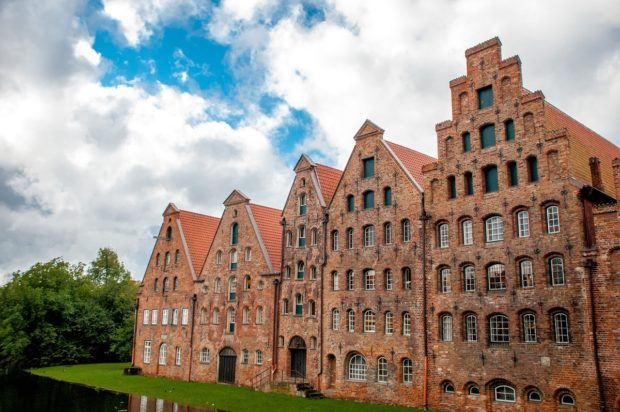 The centuries-old salt storehouses along the Trave River in Lubeck, Germany