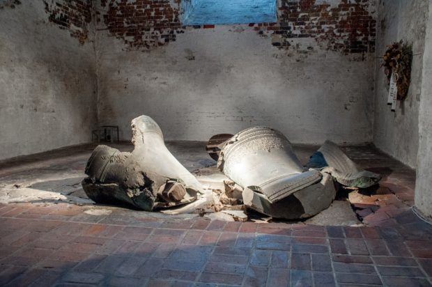Two bells in St. Mary's Church in Lubeck, Germany, still where they crashed down in 1942