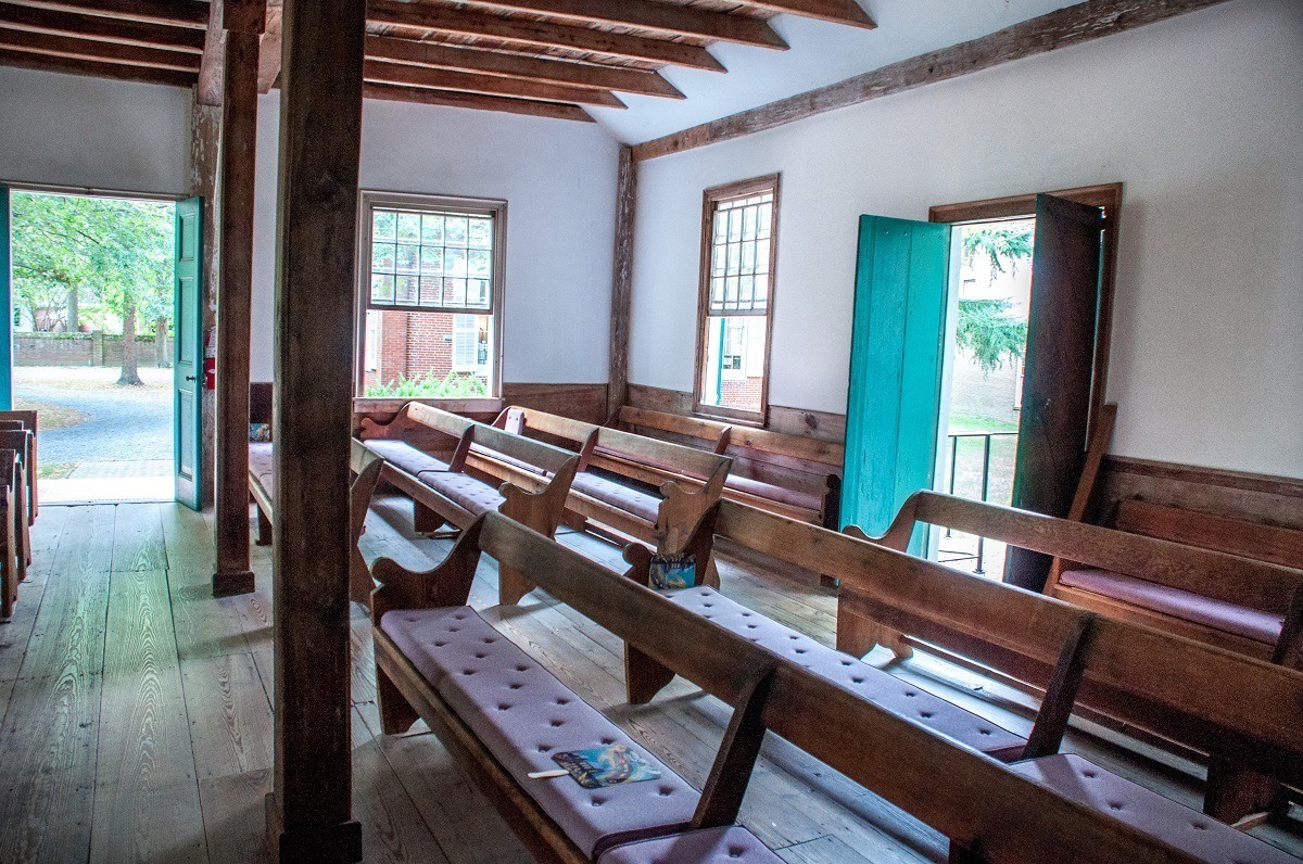 Pews inside Third Haven Meeting House in Easton, MD