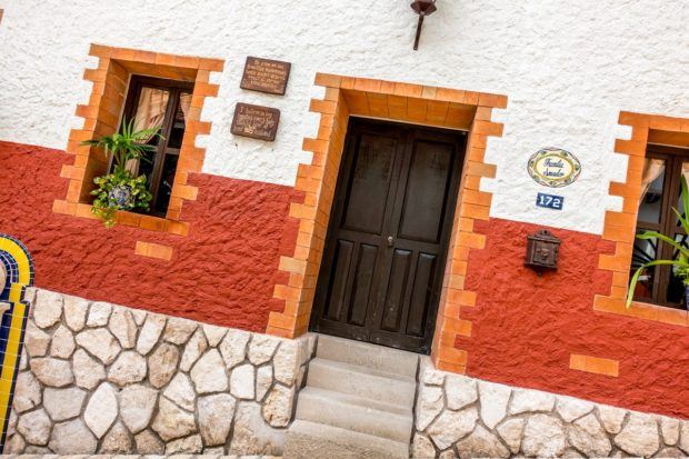 Things are a little crooked in the town at Xenses park in Mexico