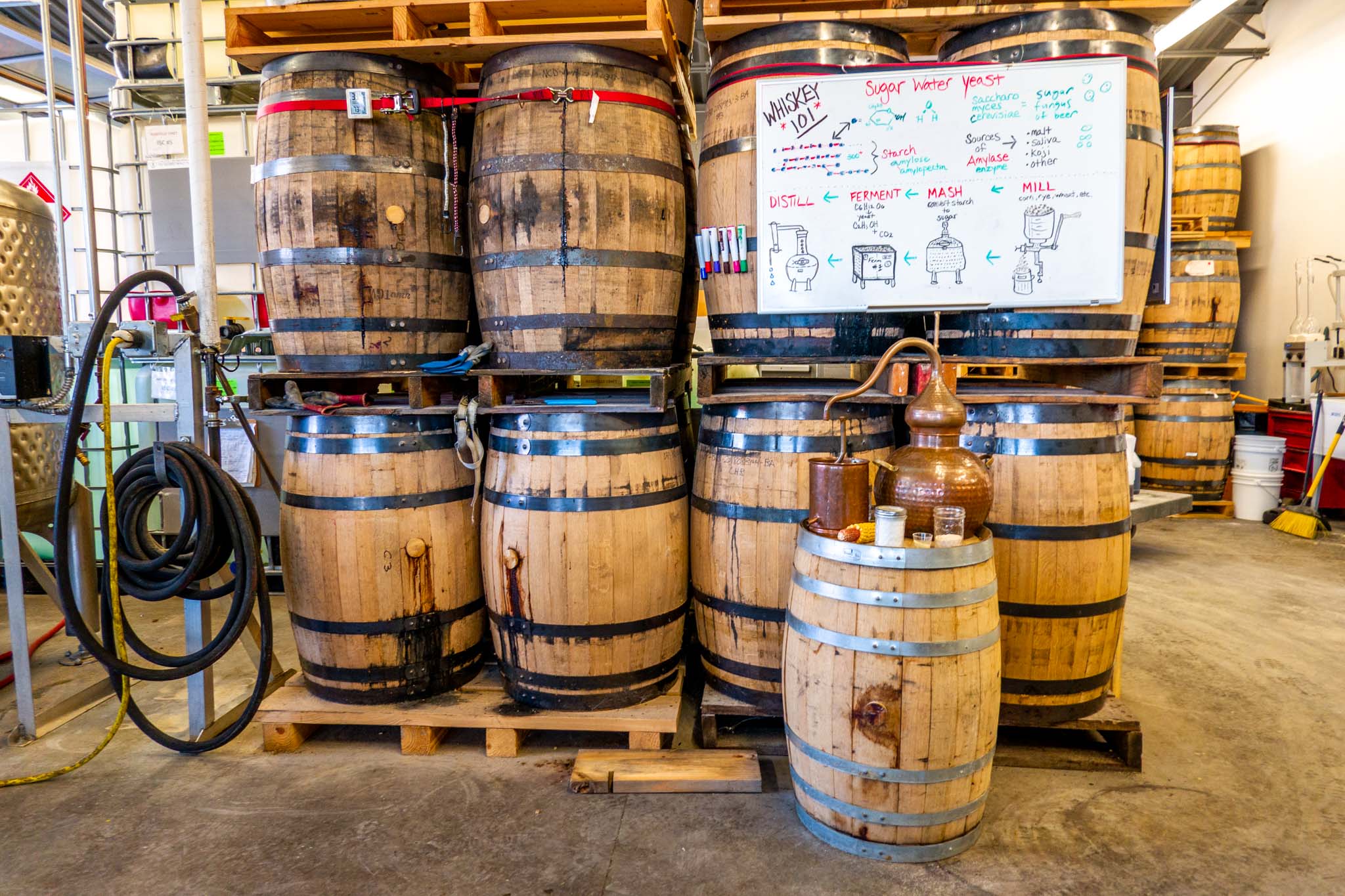 Whiteboard with a description of distilling process hanging on stack of whiskey barrels