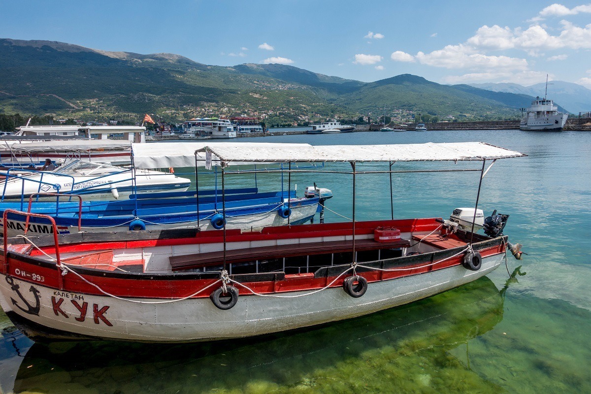 Boats on Lake Ohrid in Macedonia. A visit to the lake is one of the best things to do in Macedonia.