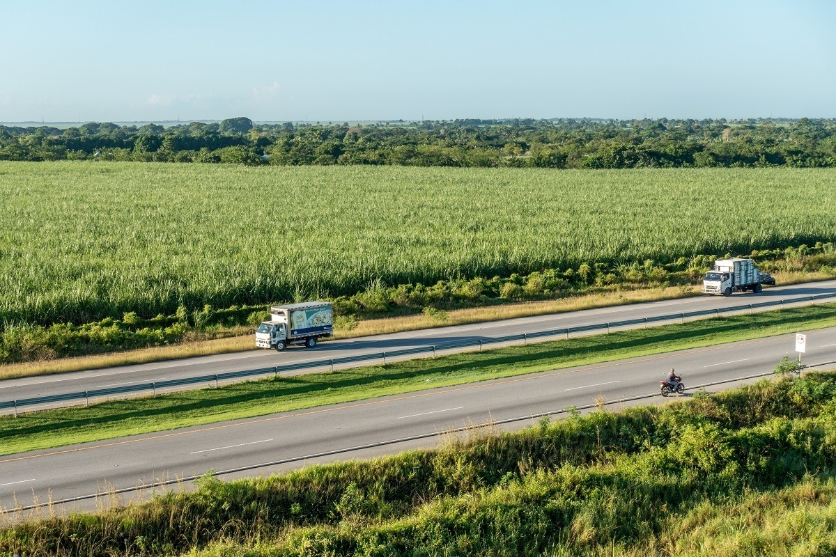 Trucks and motorcycle on the shoulder of a highway