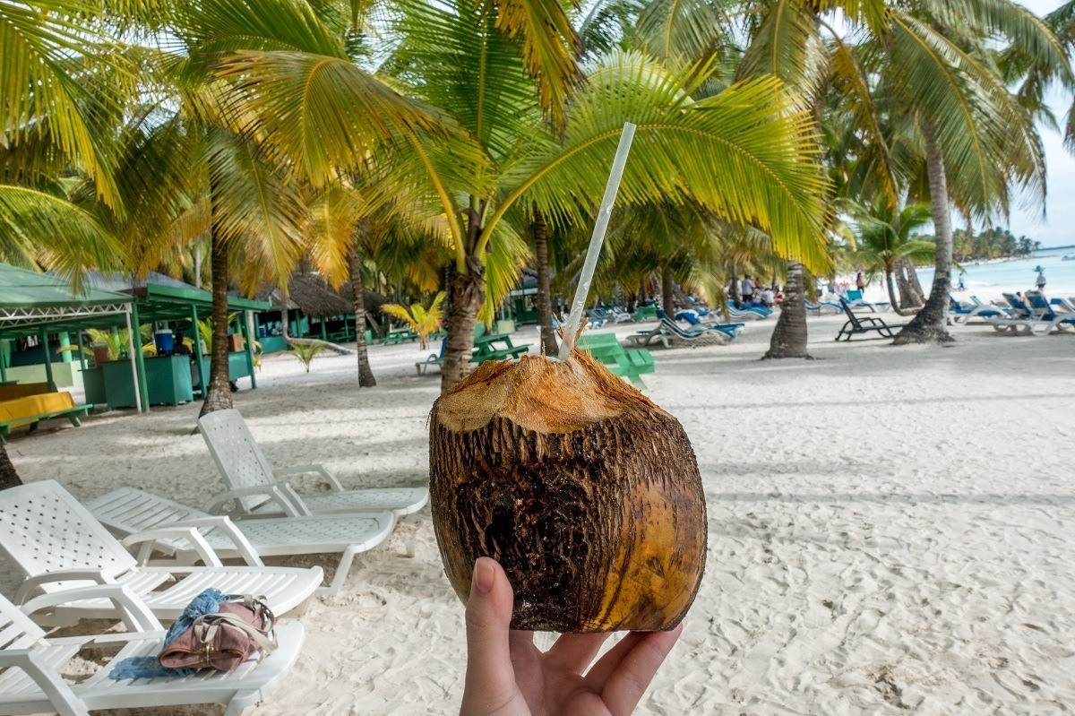 Drinking from a coconut on Saona Island, Dominican Republic
