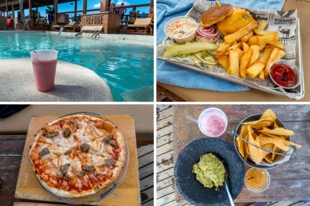 A few of the food and beverage options at Sunset Bar and Grill, the St. Martin airport bar on Maho Beach