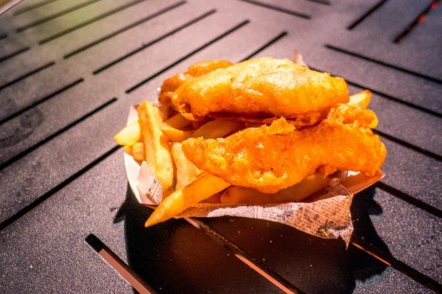 Fish and chips are a delicious choice in the UK pavilion at Epcot in Orlando, Florida
