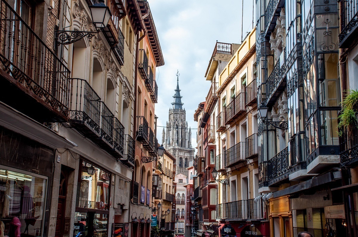View of Toledo's Cathedral down one of the crowded lanes in the old town