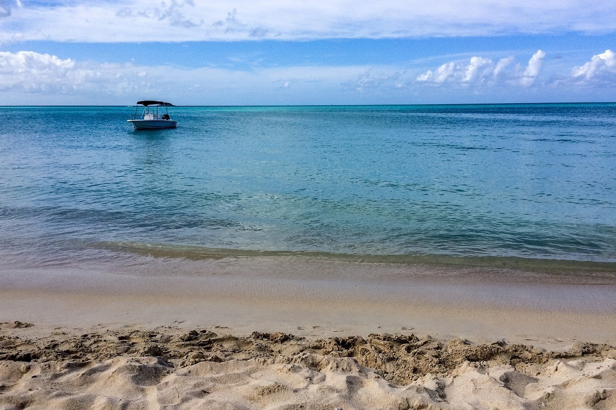 Small motorboat on the ocean near the beach