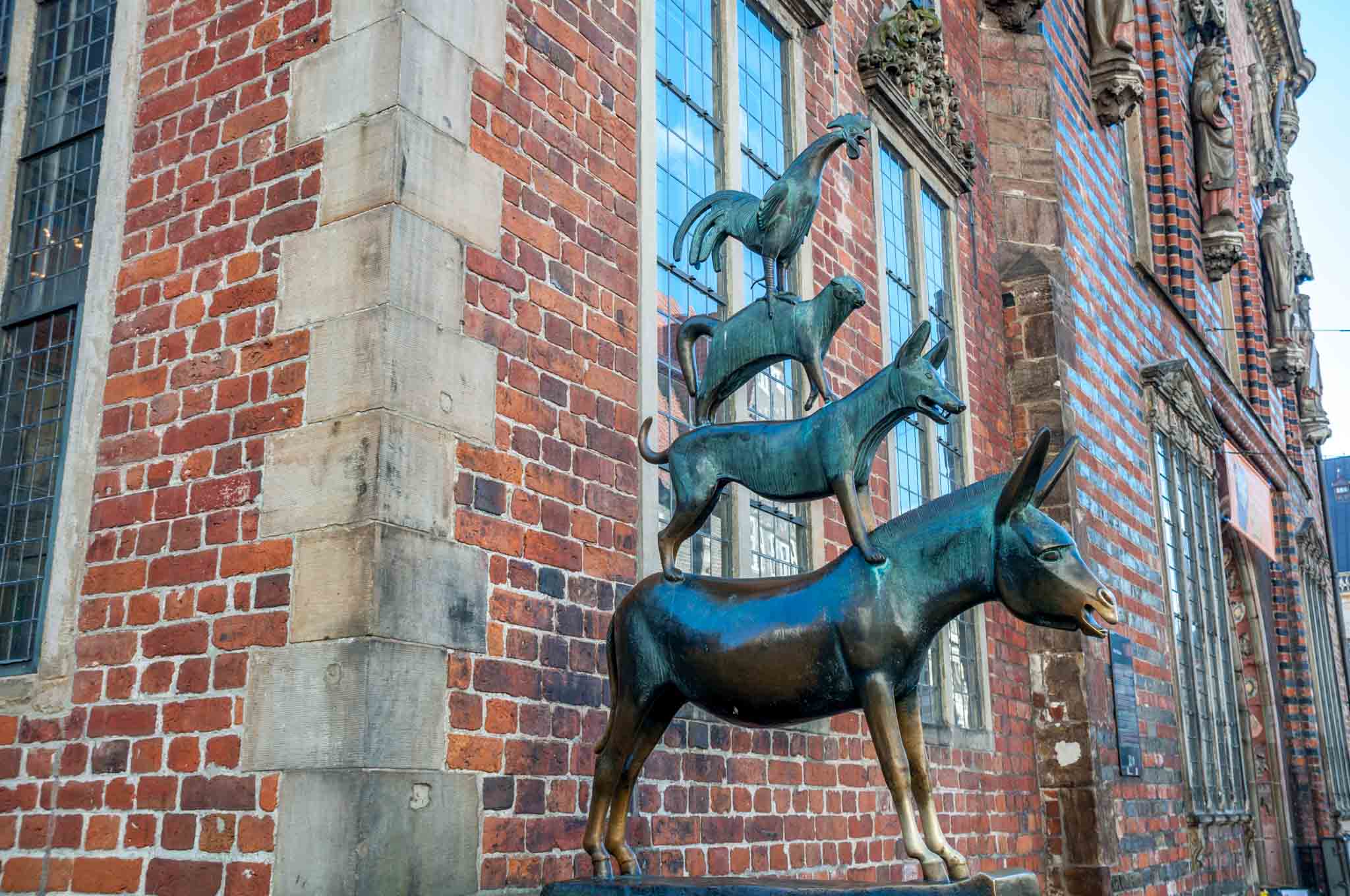 The Bremen Town Musicians statue--four animals standing on each other's backs--is a popular landmark in Bremen, Germany
