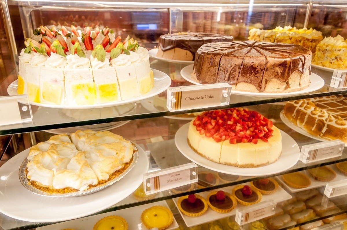 Glass case full of desserts