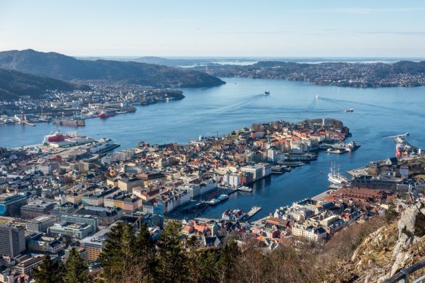 The beautiful city below, as seen from the top of the Bergen funicular in Norway. It's one of the top Bergen tourist attractions.