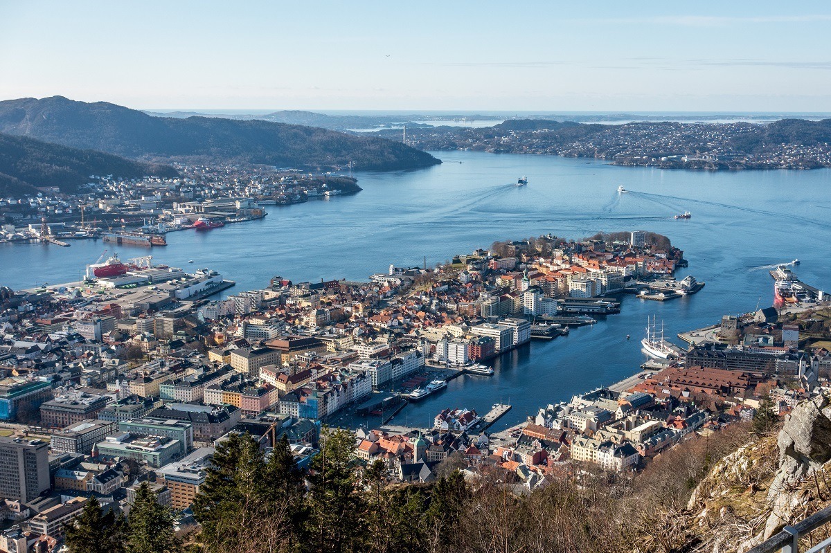 The beautiful city below, as seen from the top of the Bergen funicular in Norway. It's one of the top Bergen tourist attractions.