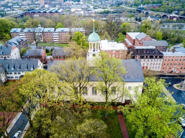 Overlooking part of the historic district in Bethlehem, Pennsylvania,including the Central Moravian Church
