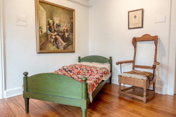 Marquis de Lafayette recovered from a Revolutionary War wound in Bethlehem, Pennsylvania. A portrait and furniture are on display at the Moravian Museum.