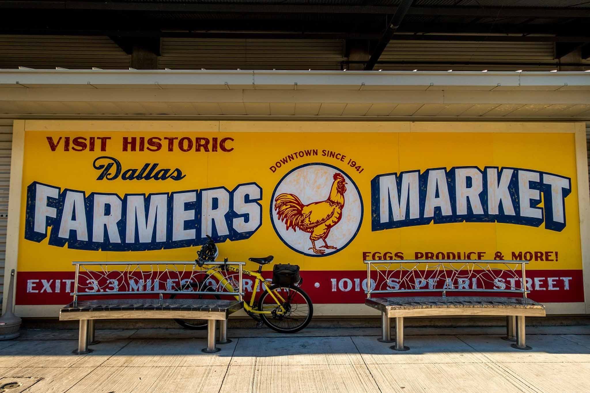Yellow sign for the Dallas Farmers Market