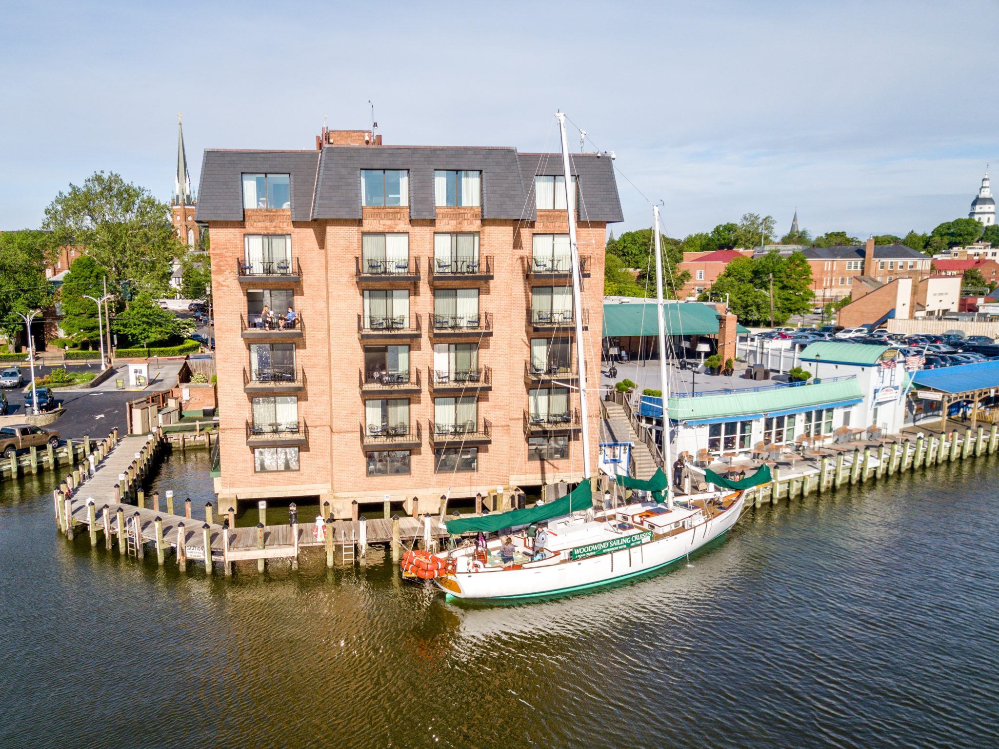 The Annapolis Waterfront Hotel provides great views of Spa Creek leading out to the Chesapeake Bay. A stay here is one of the best things to do in Annapolis MD.