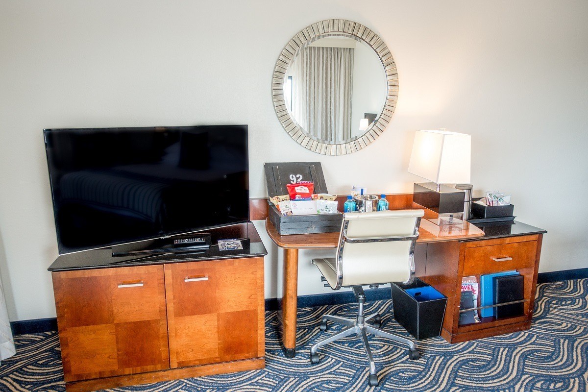 The TV and desk in our hotel room