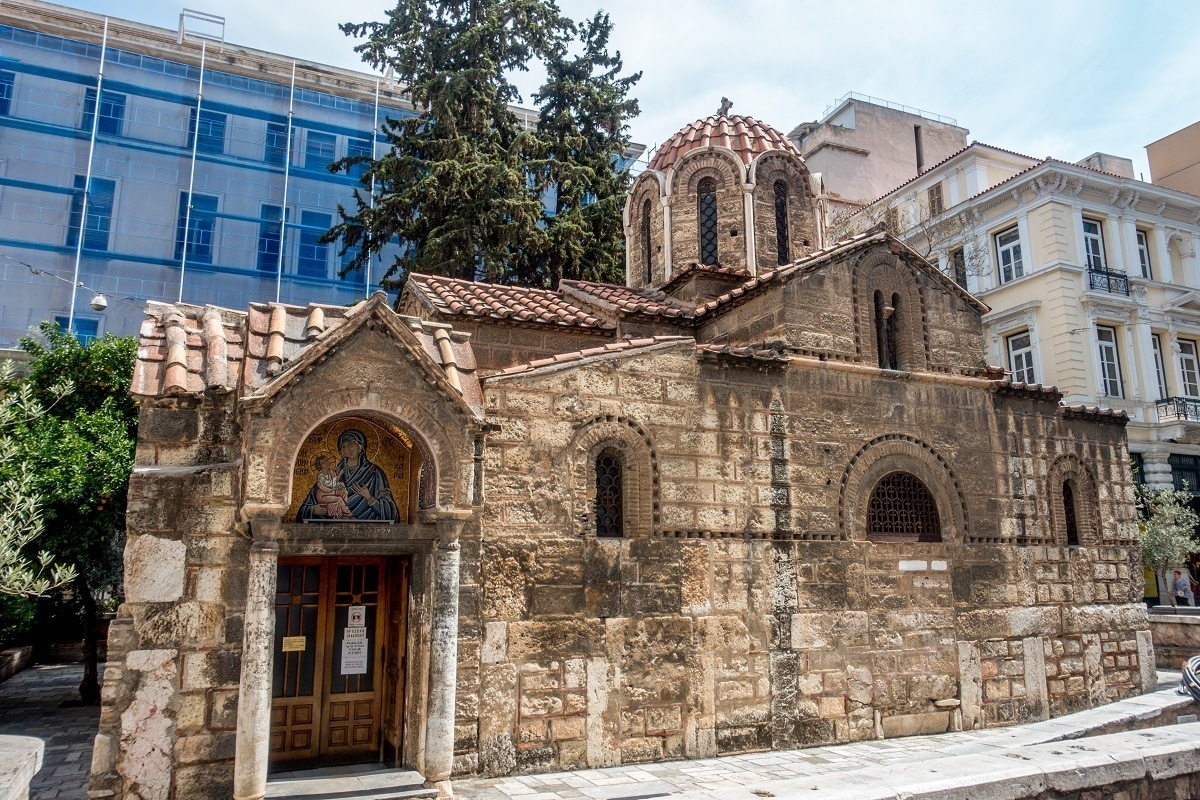 Church of Panagia Kapnikarea, which dates from 1050, is in downtown Athens, Greece
