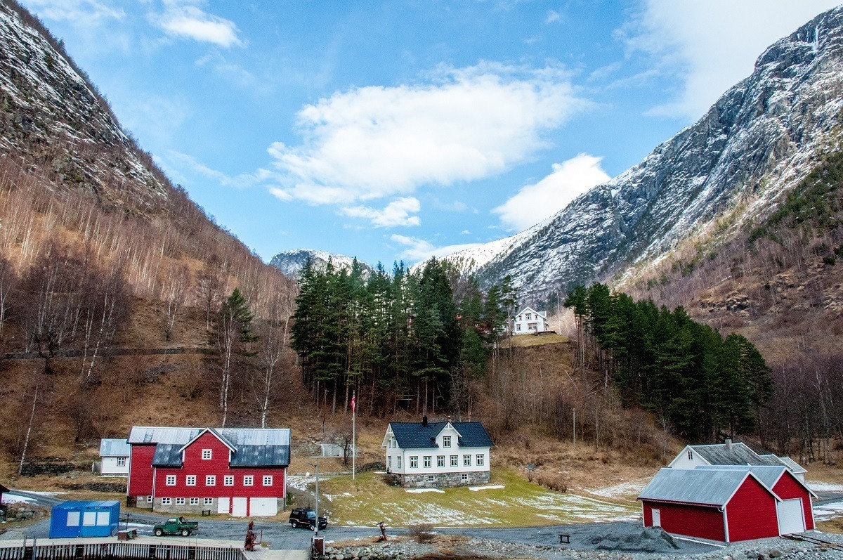 Colorful buildings along one of the Norway fjords