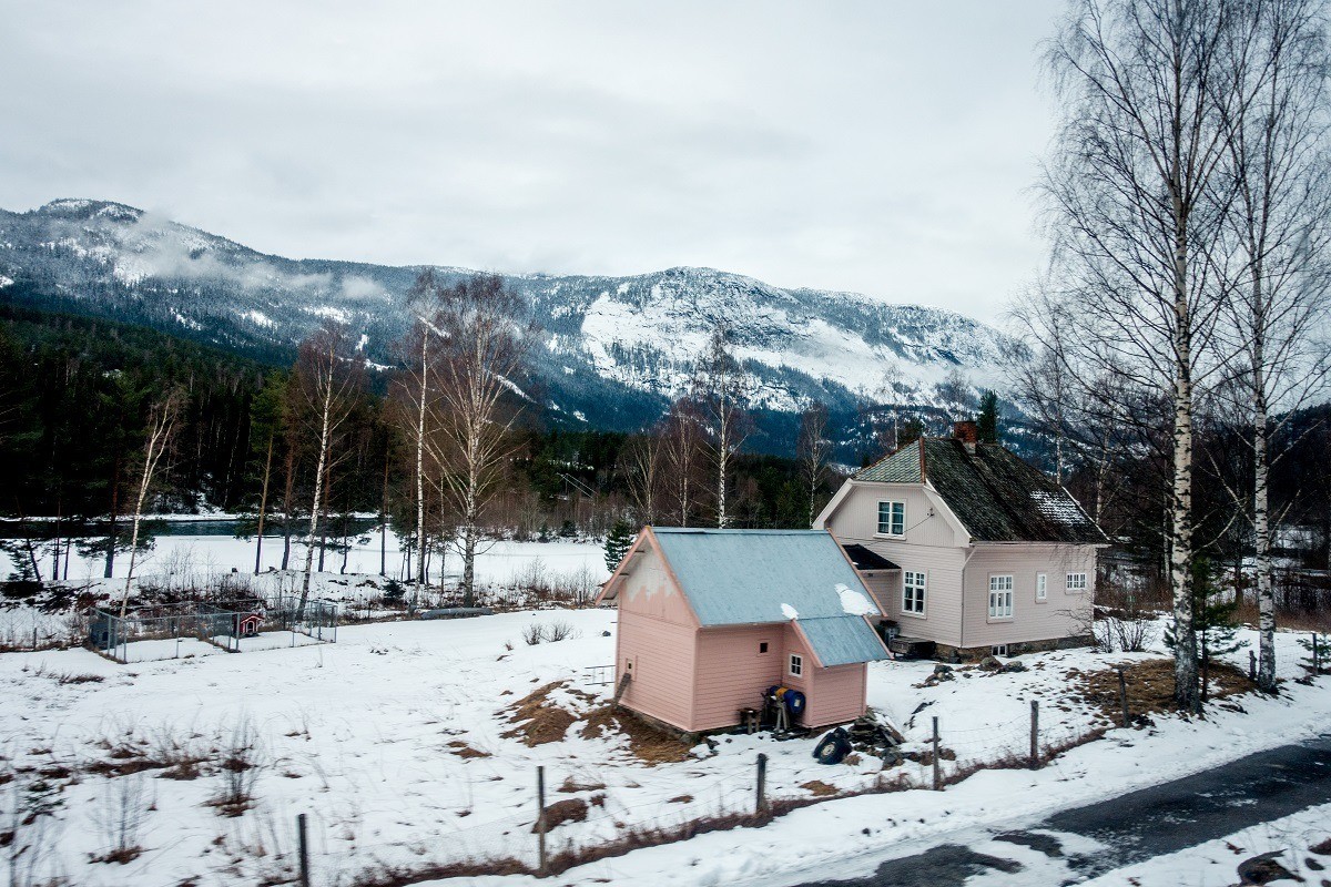 Pink houses in the Norwegian countryside