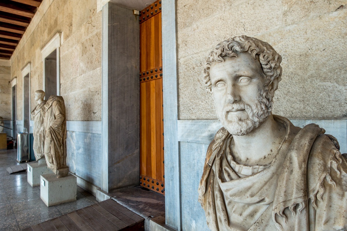 Marble busts and statues at the museum in the Ancient Agora in Athens, Greece