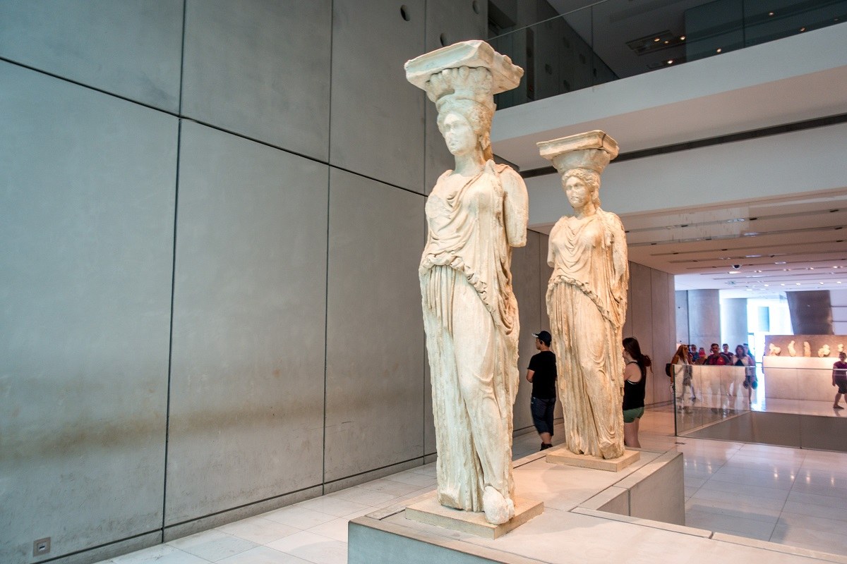 Restored Caryatids--female marble statues--in the Acropolis Museum