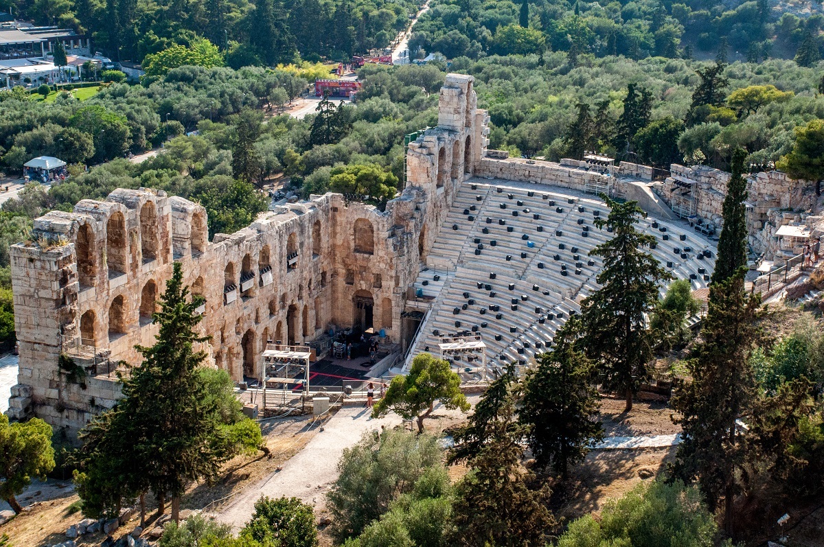 Ancient stone amphiheater of Herod Atticus on the Acropolis in Athens