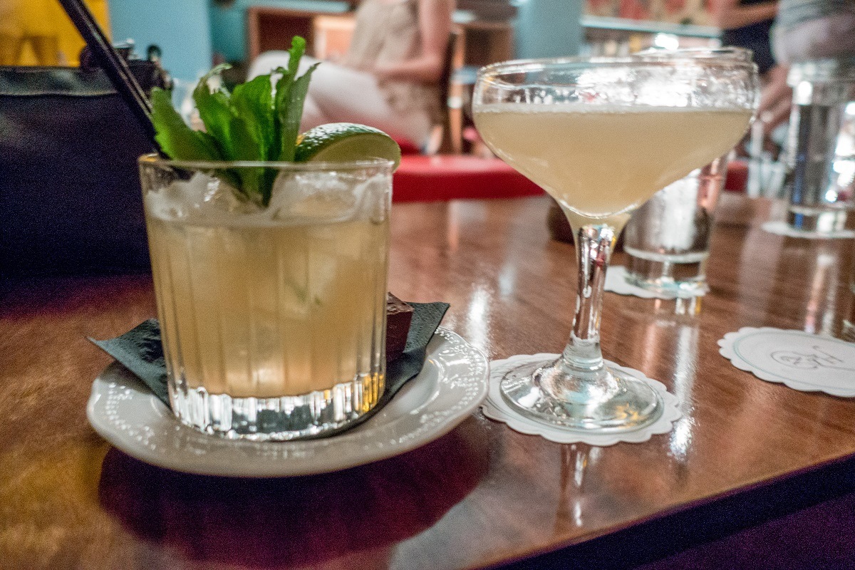 Cocktails on a table at Baba Au Rum bar in Athens