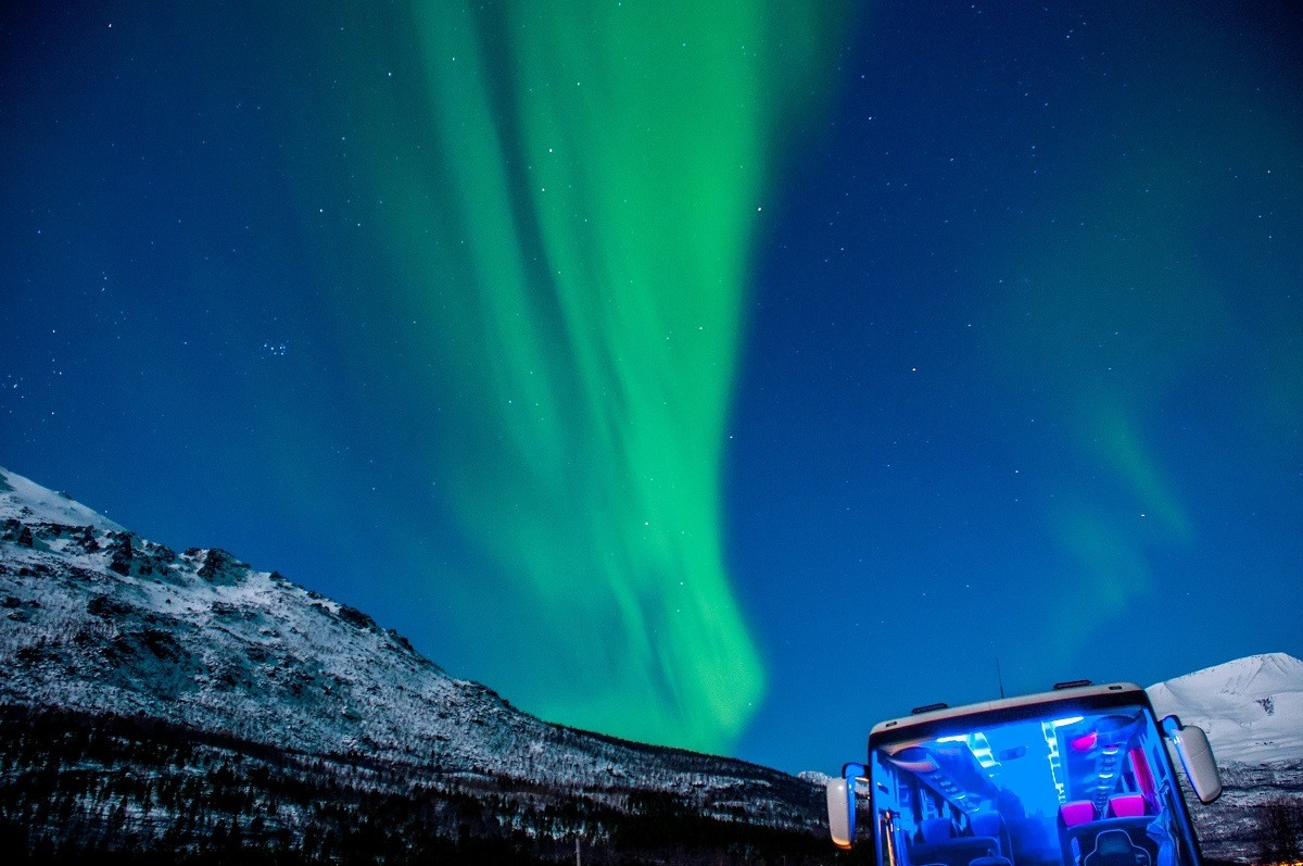 The aurora borealis visible above a Northern Lights Tour bus.