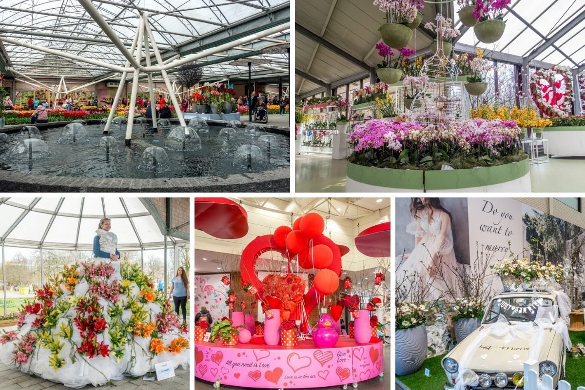 The pavilions at Keukenhof gardens include different types of tulips and other flowers in displays often related to the year's theme