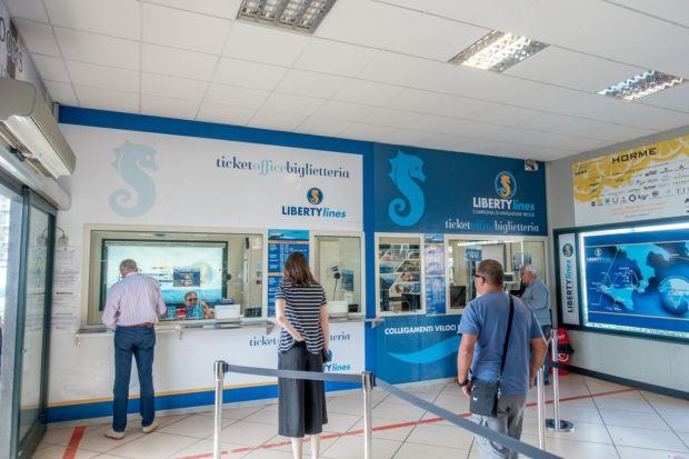 Exchange your Internet vouchers for tickets on the right at The Liberty Lines Ferry building in Milazzo (or buy tickets on the left). This is where the ferry departs Milazzo to volcano island Italy.